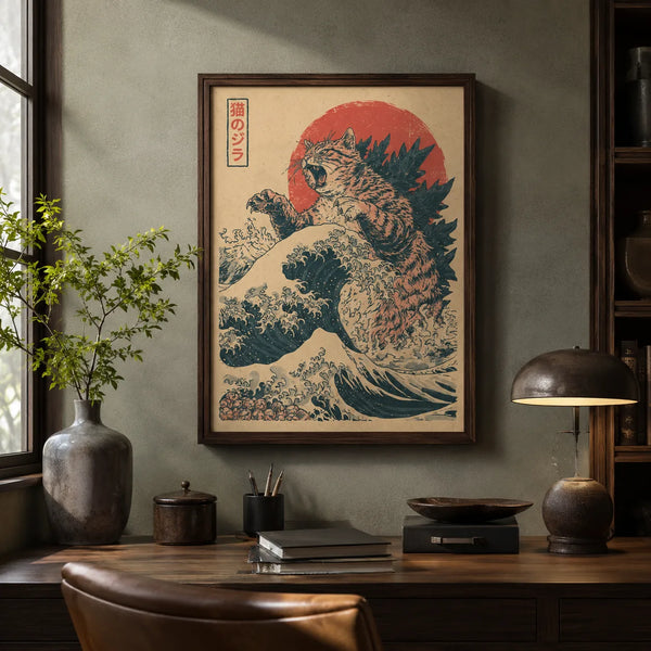 Cat Kaiju Great Wave Wall Art Decor