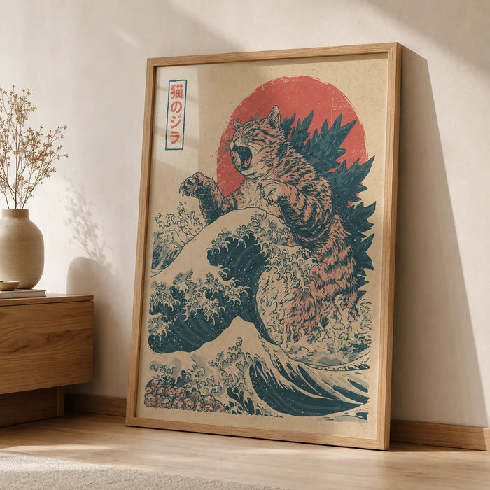 Cat Kaiju Great Wave Wall Art Decor