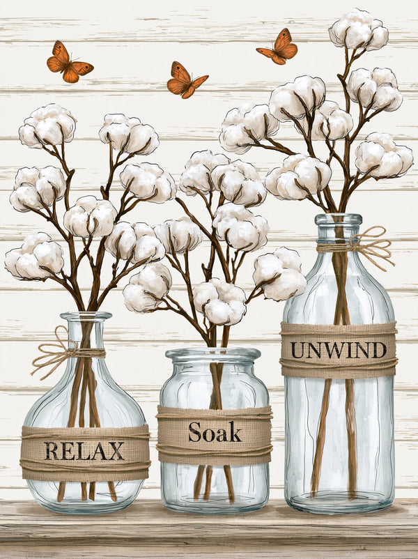 Cotton Bottles Relax Soak Unwind Wall Art Decor