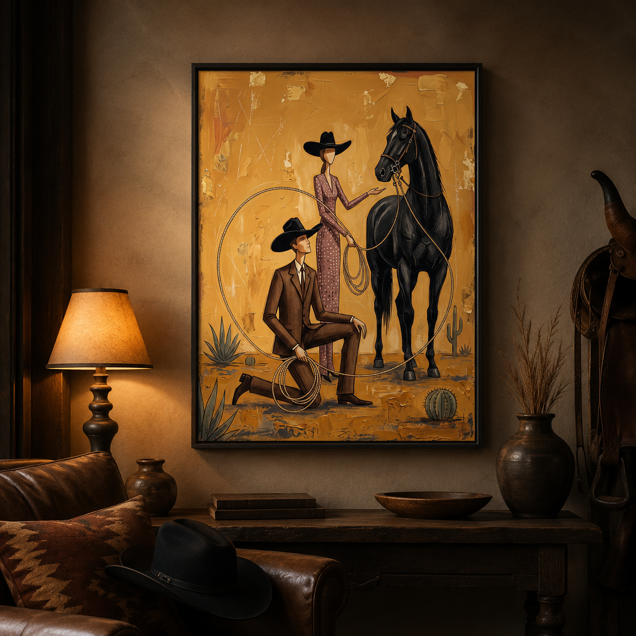 Cowboy Cowgirl and Black Horse Folk Wall Art Decor – preview 11