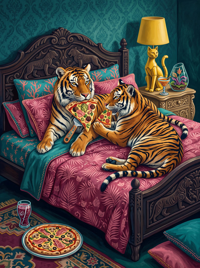 Tigers Eating Pizza in Bed Whimsical Art Print