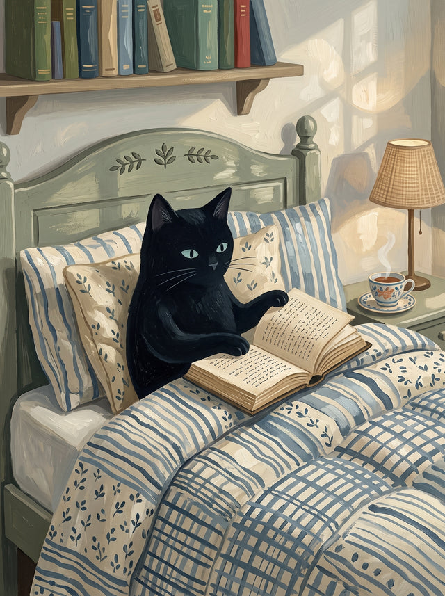 Black Cat Reading in Bed Cozy Art Print Poster