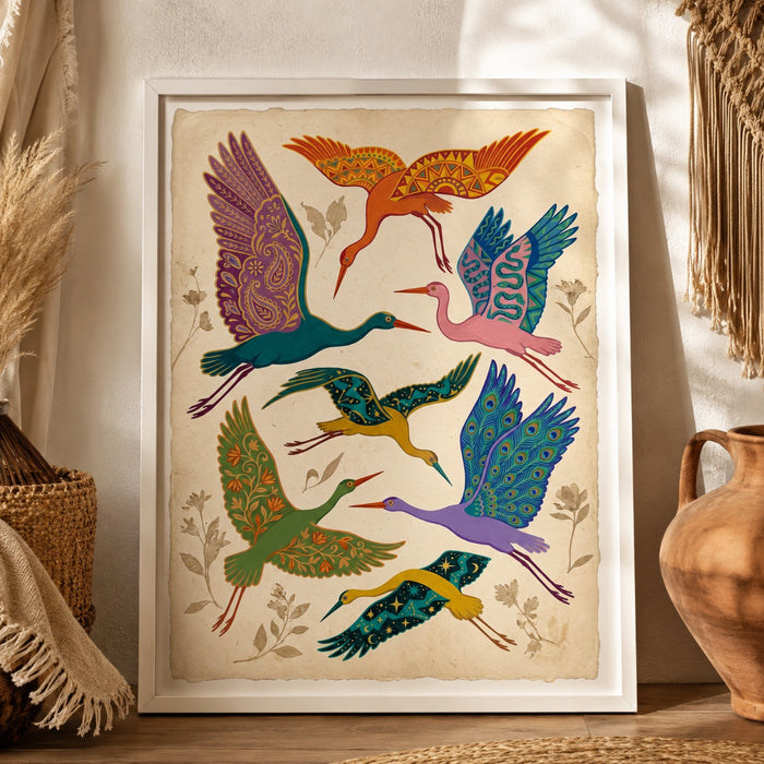 Folk Art Cranes in Flight Wall Art Decor