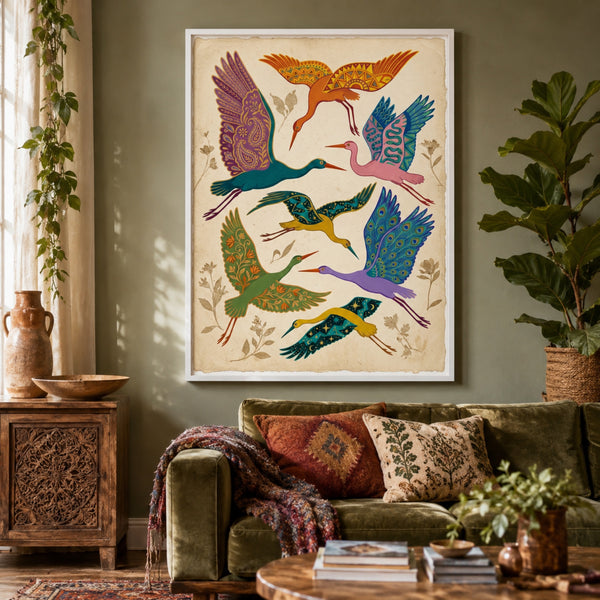 Folk Art Cranes in Flight Wall Art Decor