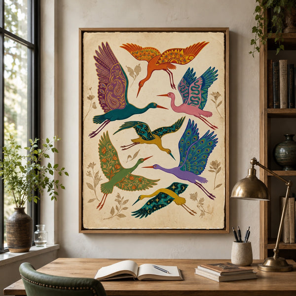 Folk Art Cranes in Flight Wall Art Decor