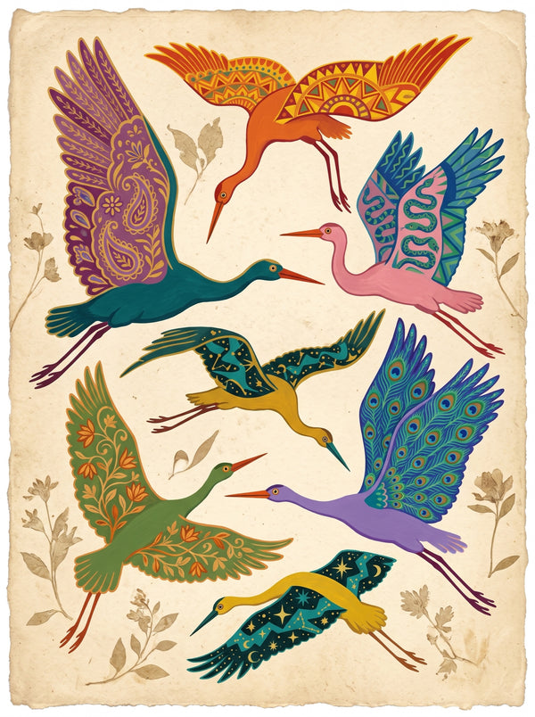 Folk Art Cranes in Flight Wall Art Decor