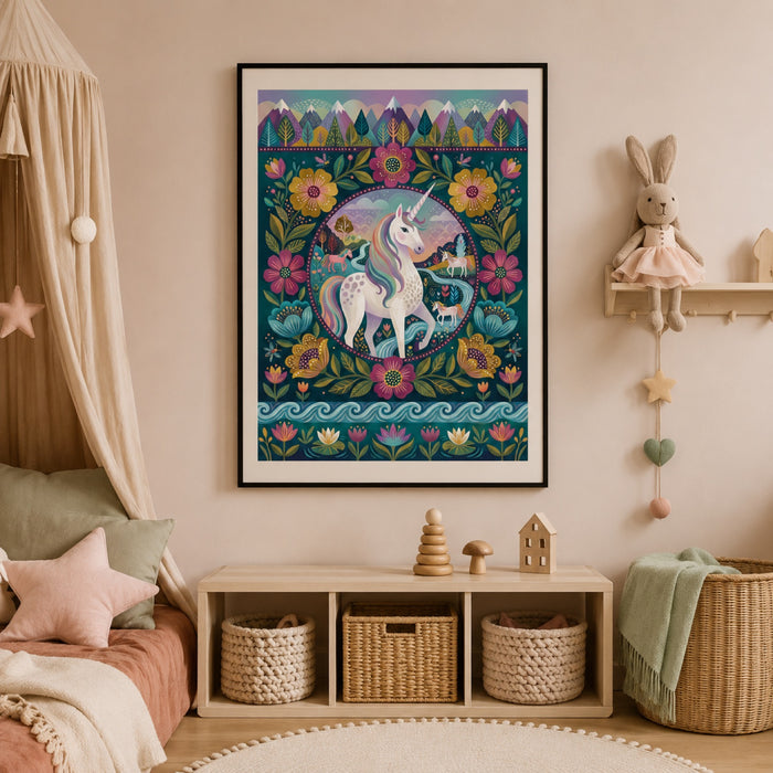 Folk Art Unicorn Floral Medallion Wall Art Decor