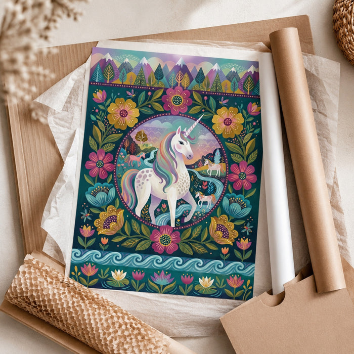 Folk Art Unicorn Floral Medallion Wall Art Decor