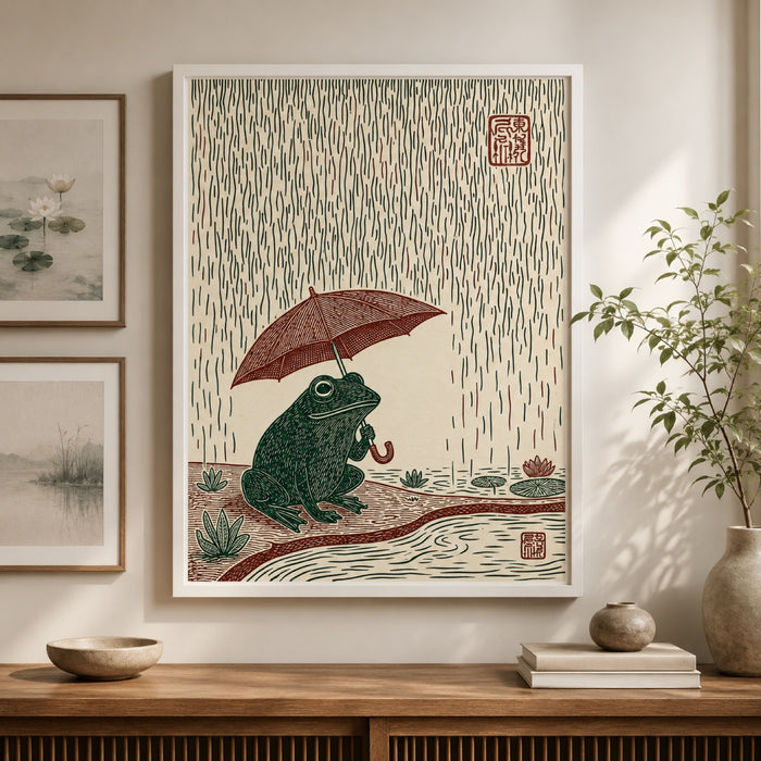 Frog with Umbrella in Rain Japanese Woodblock Wall Art Decor