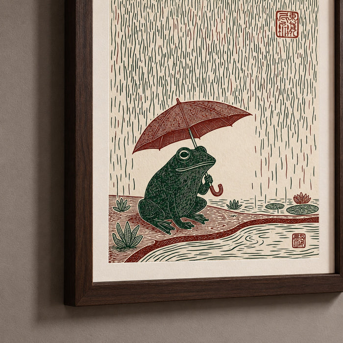 Frog with Umbrella in Rain Japanese Woodblock Wall Art Decor