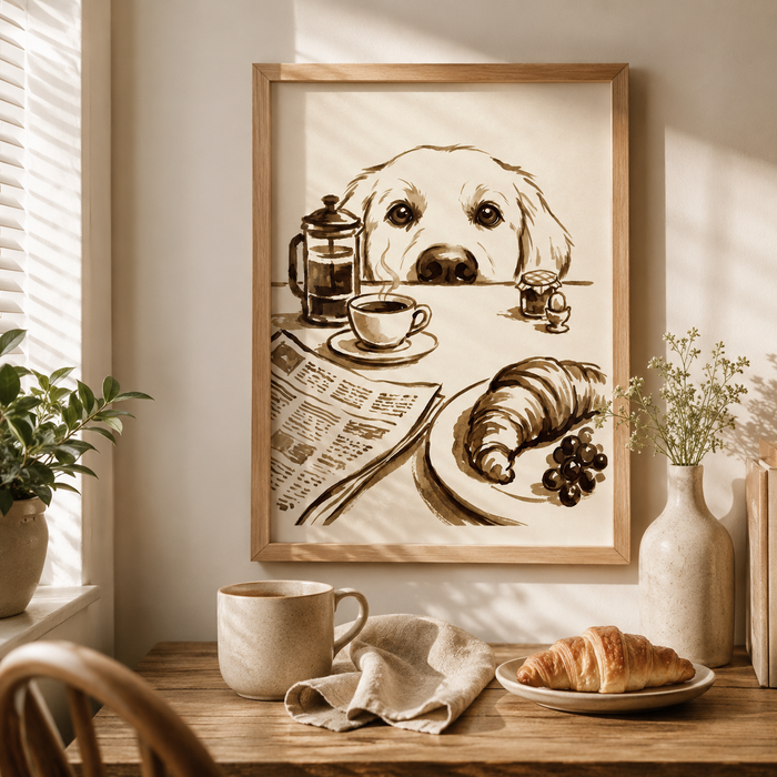 Golden Retriever Breakfast Sepia Wall Art Decor
