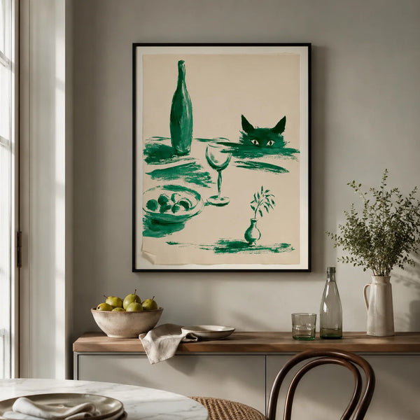 Green Cat Wine Still Life Wall Art Decor