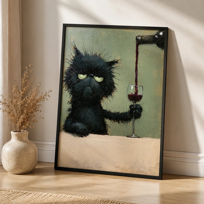 Grumpy Black Cat Wine Wall Art Decor