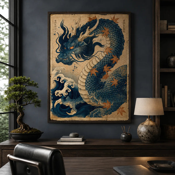 Japanese Blue Dragon Wall Art Decor