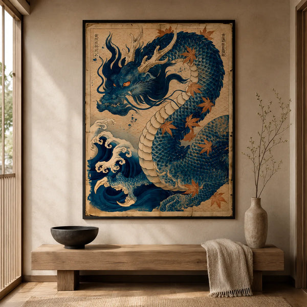 Japanese Blue Dragon Wall Art Decor