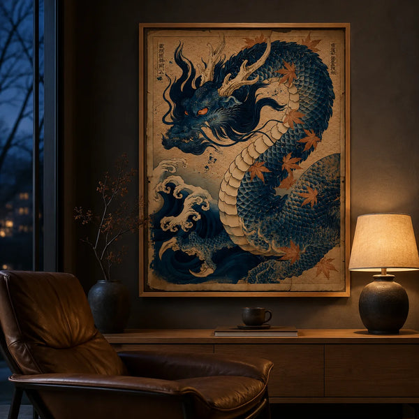 Japanese Blue Dragon Wall Art Decor