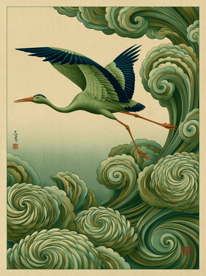 Japanese Crane and Waves Wall Art Decor