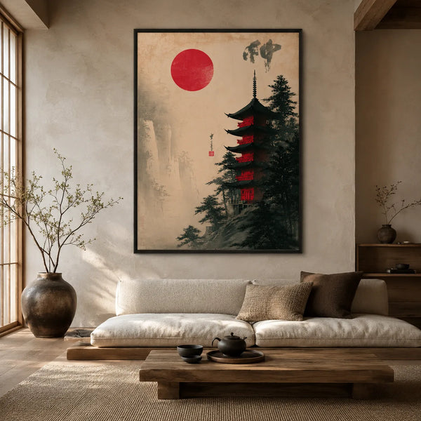 Japanese Pagoda Red Sun Wall Art Decor
