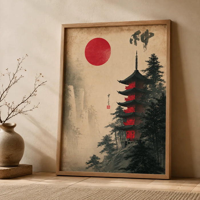 Japanese Pagoda Red Sun Wall Art Decor