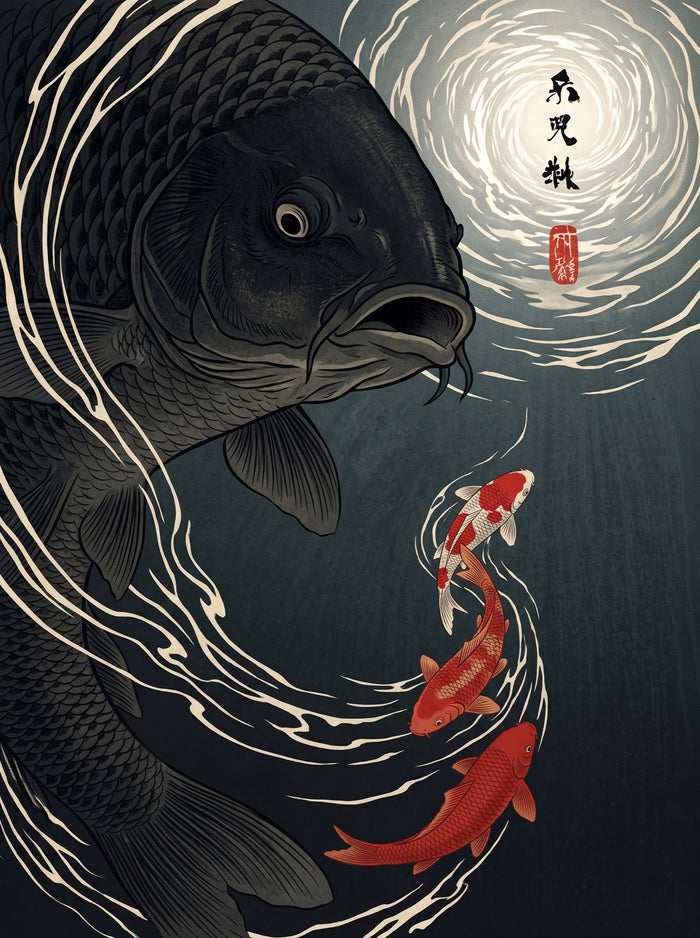 Moonlit Black Koi Ukiyo-e Wall Art Decor