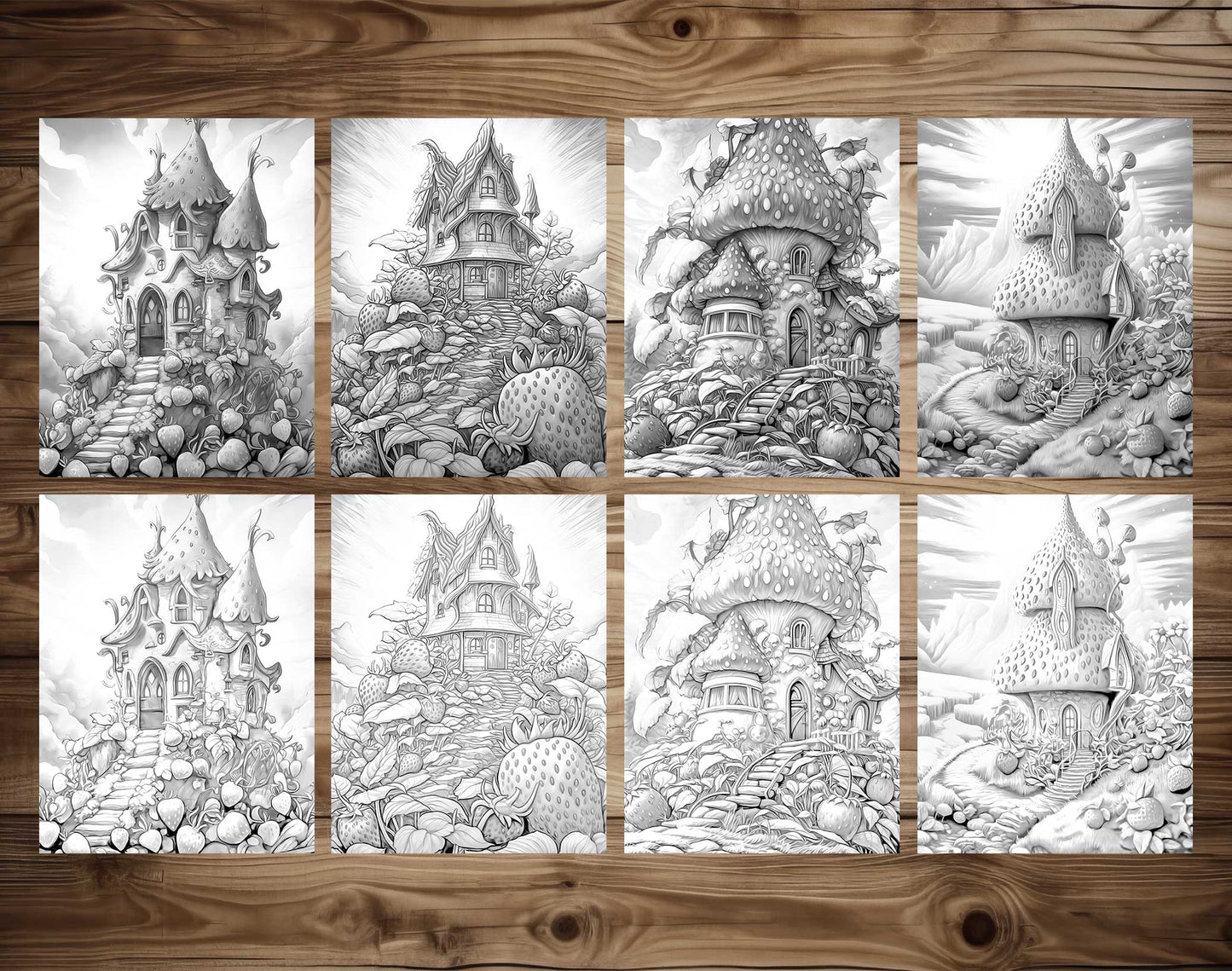 25 Strawberry Fairy Houses Grayscale Coloring Pages - Instant Download - Printable PDF Dark/Light – preview 7