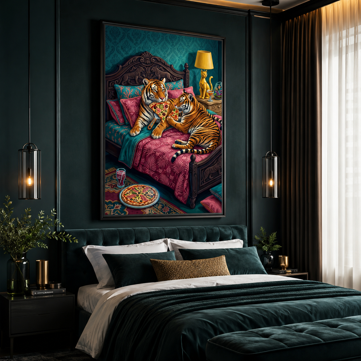 Tigers Eating Pizza in Bed Whimsical Wall Art Decor – preview 11