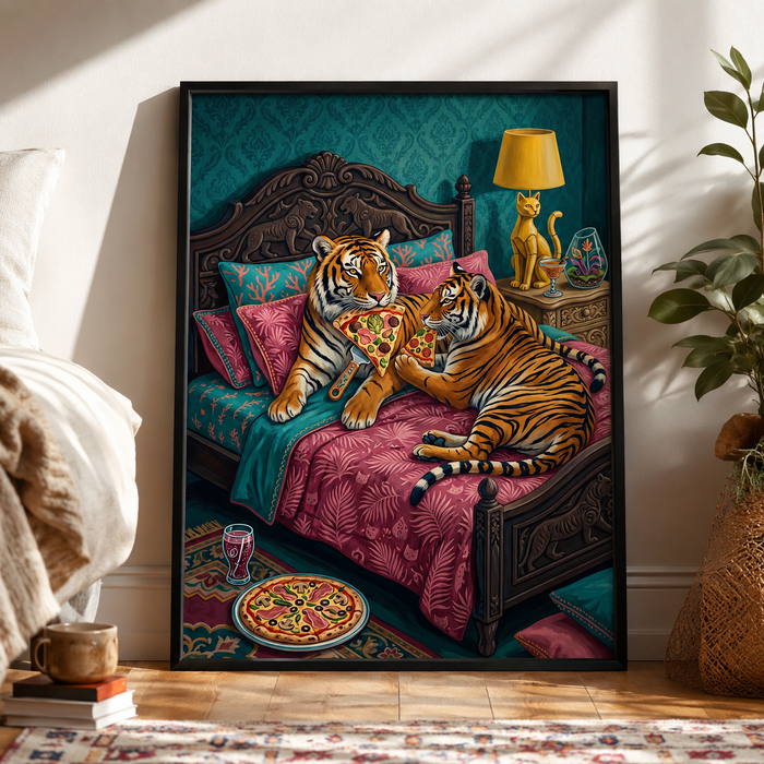 Tigers Eating Pizza in Bed Whimsical Wall Art Decor
