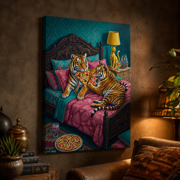 Tigers Eating Pizza in Bed Whimsical Wall Art Decor