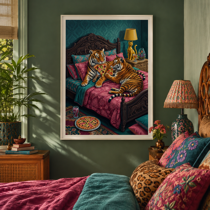 Tigers Eating Pizza in Bed Whimsical Wall Art Decor