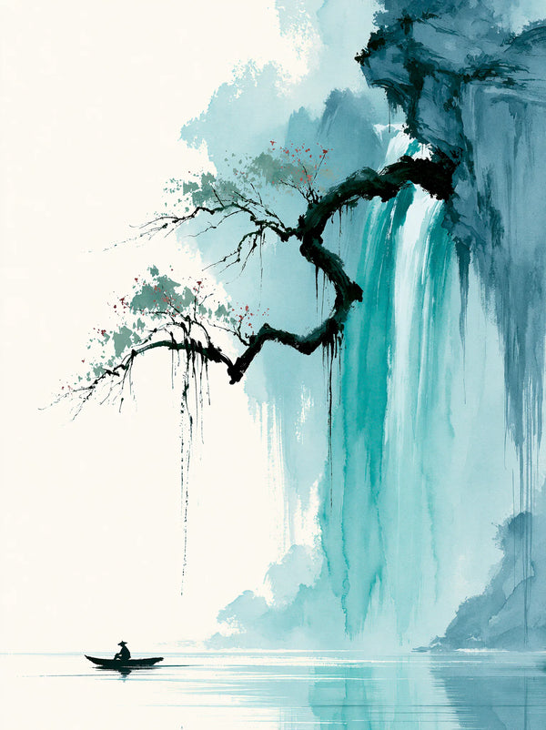 Waterfall Fisherman Landscape Wall Art Decor