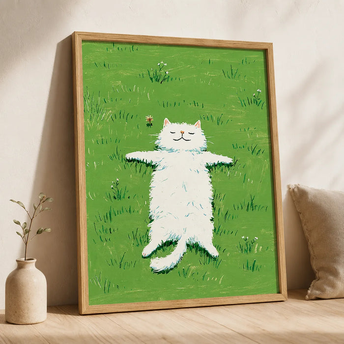 White Cat in Green Meadow Wall Art Decor