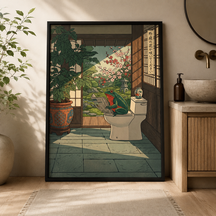 Zen Frog Reading on Toilet Japanese Woodblock Wall Art Decor