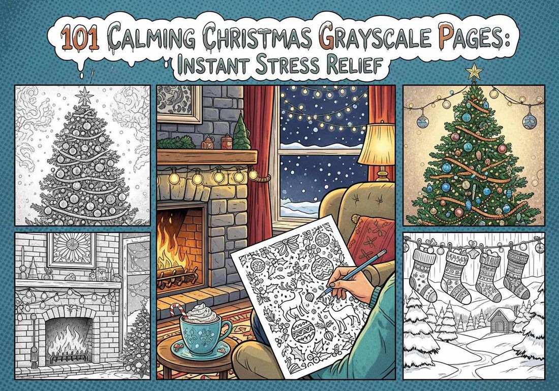 101 Calming Christmas Grayscale Pages: Instant Stress Relief