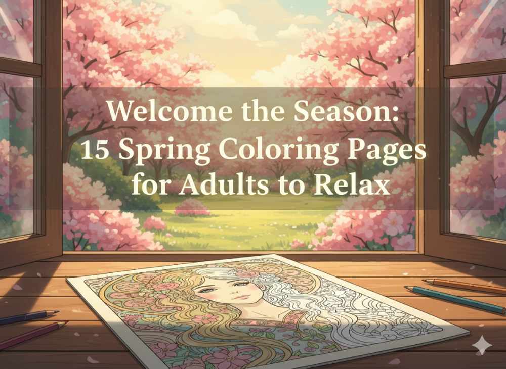 15 spring coloring pages for adults to relax on a desk with cherry blossoms