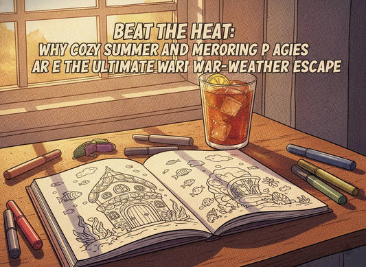  retro comic book movie style header showing a cozy wooden coloring desk with markers and the title: Beat the Heat: Why Cozy Summer and Mermaid Coloring Pages are the Ultimate Warm-Weather Escape