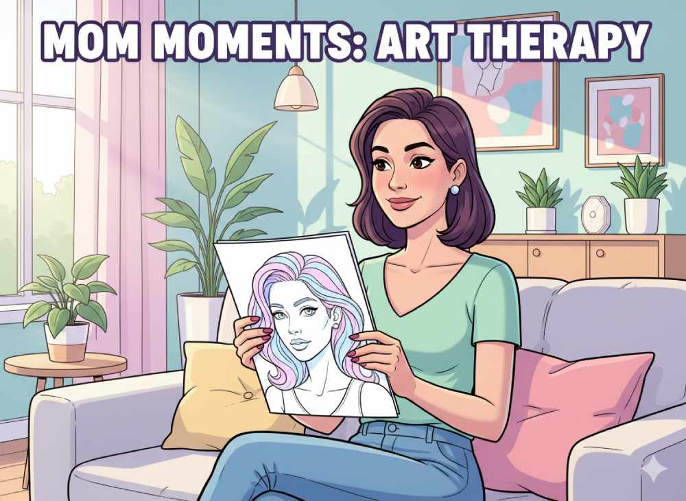 Elegant mom in a beautiful comic style sitting by a window, enjoying a calm moment while coloring a bold portrait page