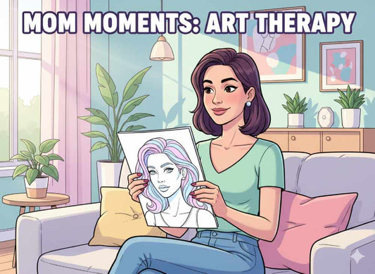 Elegant mom in a beautiful comic style sitting by a window, enjoying a calm moment while coloring a bold portrait page