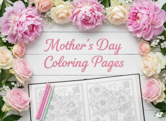 Mother's Day coloring pages featured image with beautiful spring flowers, an open coloring book, and premium colored pencils on a desk.