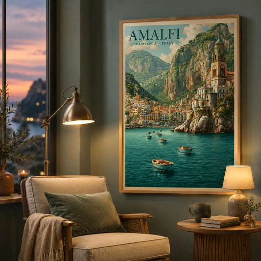 Framed Amalfi Coast art print styled on a wall