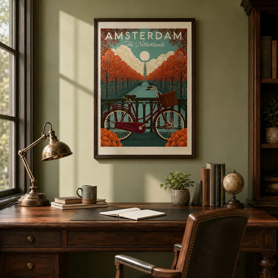 Vintage Amsterdam travel wall art in a dark academia study