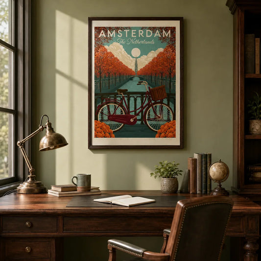 Vintage Amsterdam travel wall art in a dark academia study