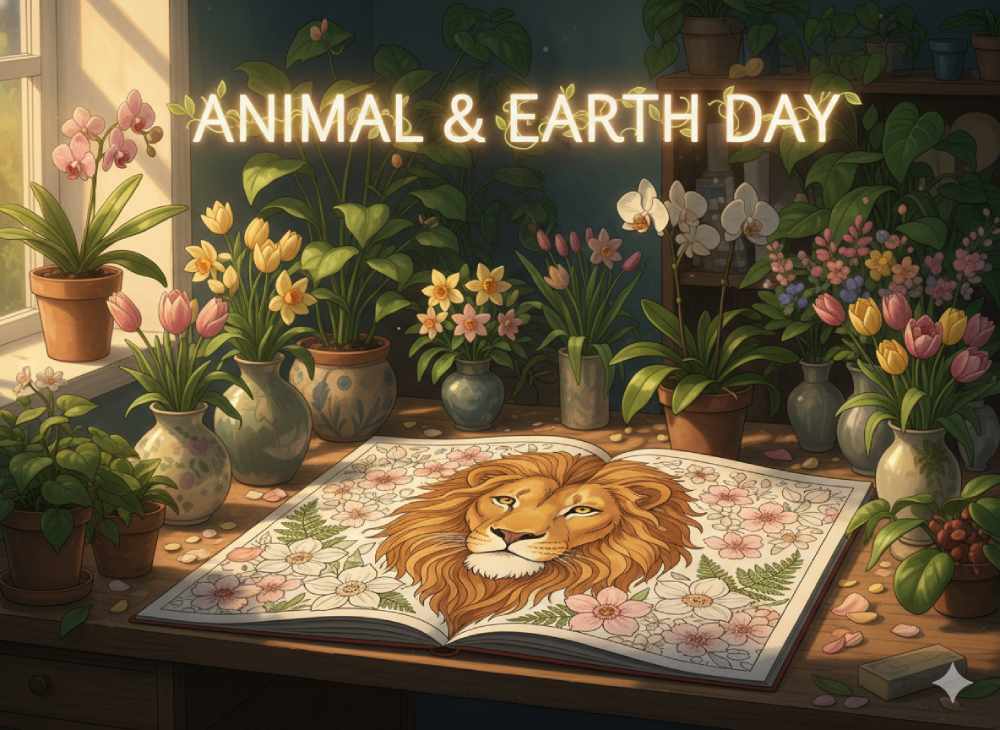 Animal coloring pages and earth day nature scenes on a wooden desk