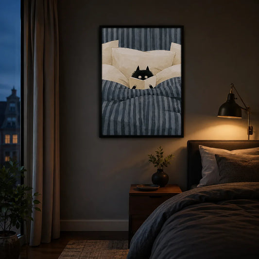 Cat wall art poster styled in a cozy room
