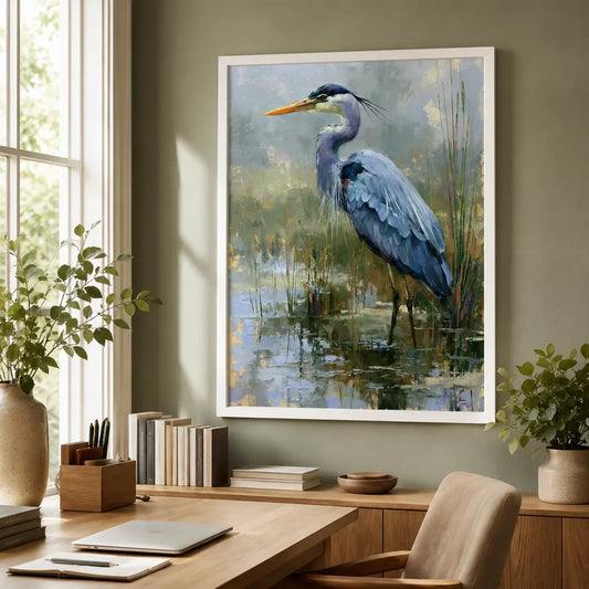 Framed Blue Heron wall art in a clean, dry home office