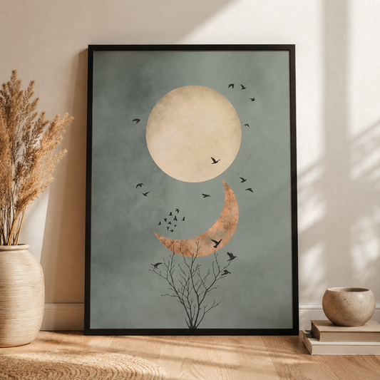 Celestial moon crescent boho wall art styled in a bedroom