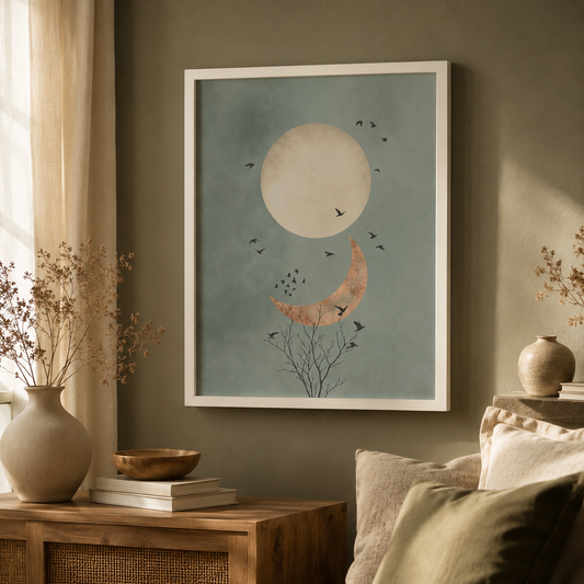 Celestial moon boho wall art poster styled in a warm room