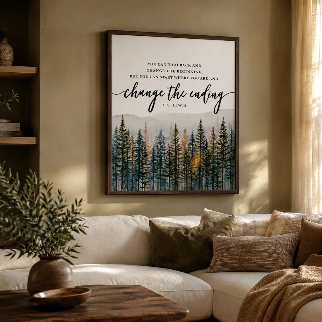 Change the Ending forest quote wall art shown in a styled room mockup