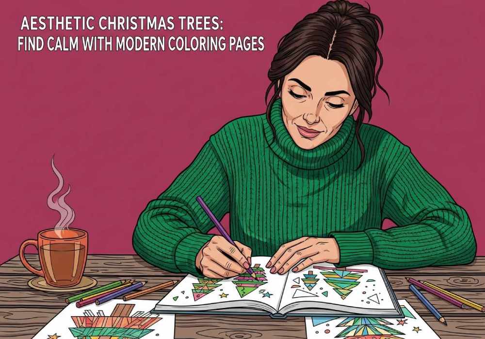 woman in blue shirt is coloring a picture of a Christmas tree having fun with a cup of coffee