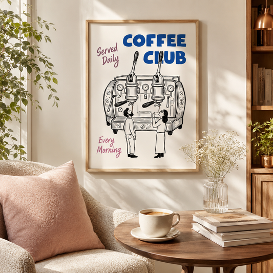 Coffee Club wall art poster styled in a cozy coffee corner