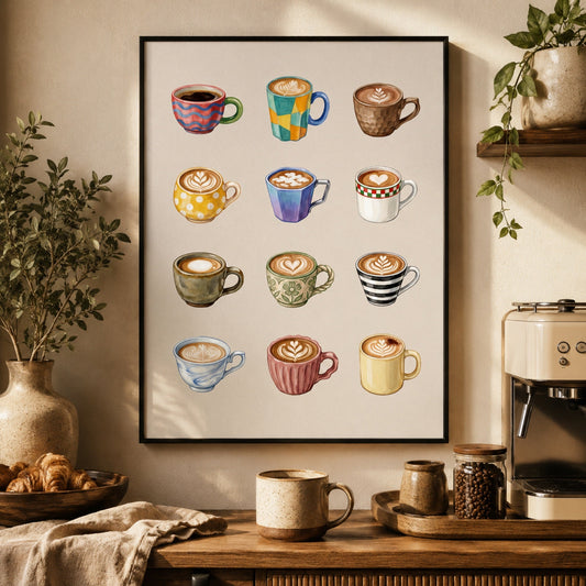 Coffee wall art poster styled above a kitchen counter